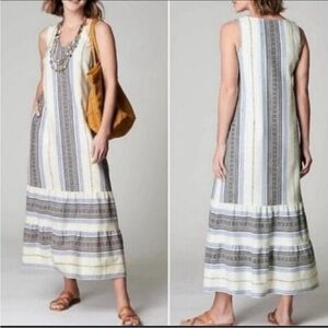 Boho J. Jill Midi Dress Large Petite White Blue Coastal Beach Woven Hippie